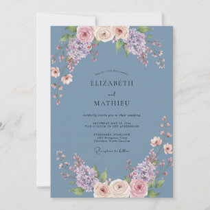 Invitation Mariage Floral Bleu Ardoise Embrassant