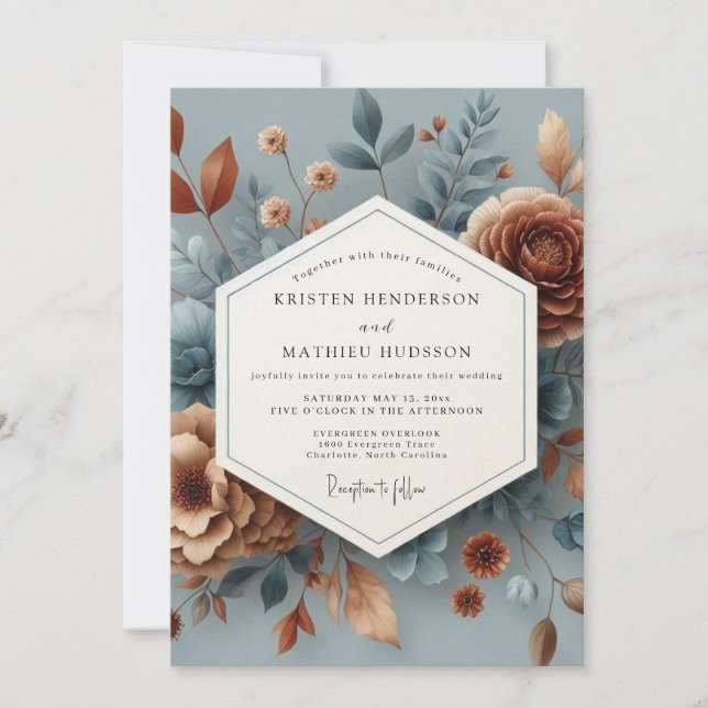 Invitation Mariage Floral Bleu Ardoise et Cuivre (Devant)
