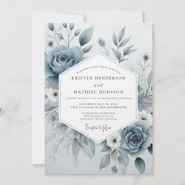 Invitation Mariage Floral Bleu Ardoise Éthéré (Devant)