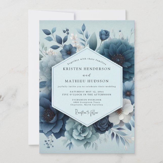 Invitation Mariage Floral Bleu Ardoise Indigo  (Devant)