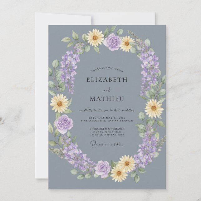 Invitation Mariage Floral Bleu Ardoise Jaune Pâle (Devant)
