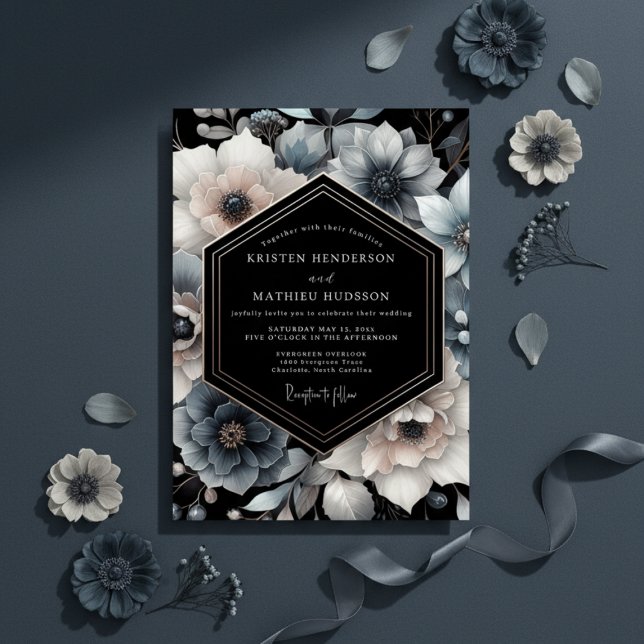 Invitation Mariage Floral Bleu Ardoise Maussade (Créateur téléchargé)
