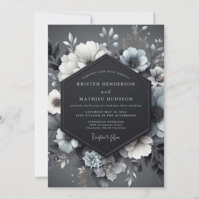 Invitation Mariage Floral Bleu Ardoise Maussade (Devant)