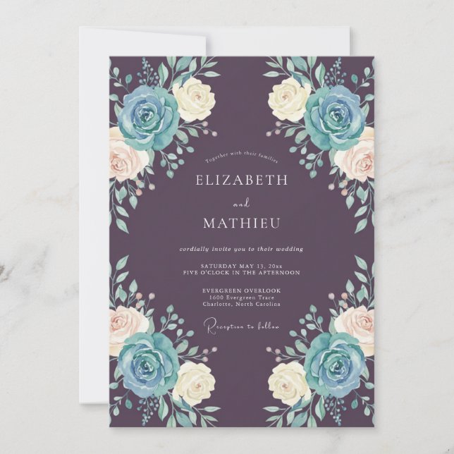 Invitation Mariage Floral Bleu Ardoise Prune (Devant)