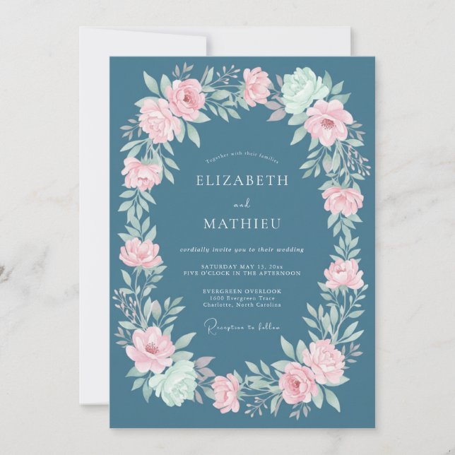 Invitation Mariage Floral Bleu Ardoise Rose (Devant)