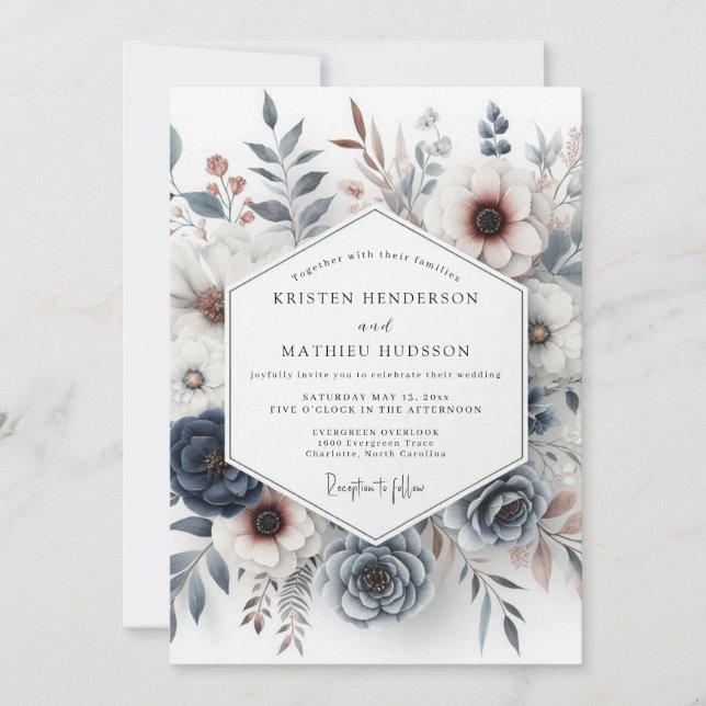 Invitation Mariage Floral Bleu Ardoise & Rouille Maussade (Devant)
