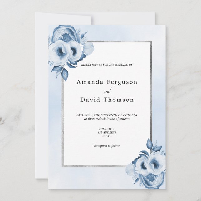 Invitation Mariage floral bleu argent (Devant)