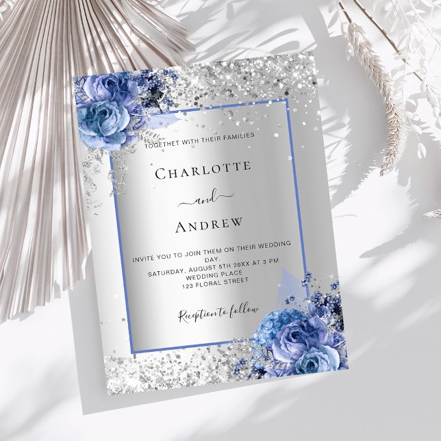 Invitation Mariage floral bleu argenté (Créateur téléchargé)
