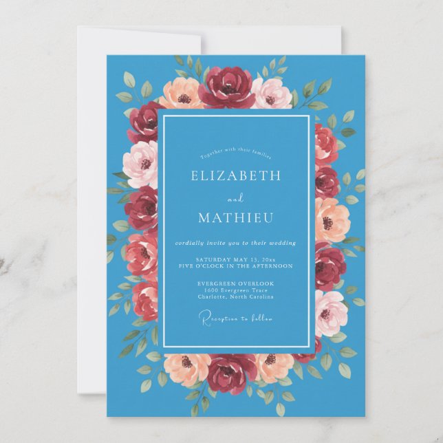 Invitation Mariage Floral Bleu Azur Vif (Devant)