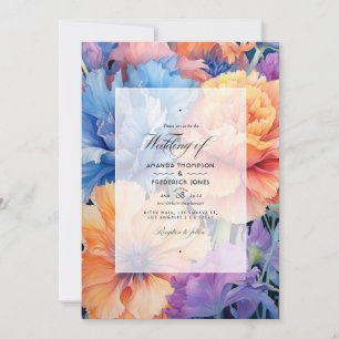 Invitation Mariage floral bleu barbeau et pêche