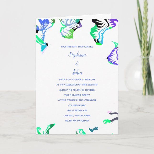 Invitation Mariage Floral Bleu Blanc Bohème Été Printemps (Devant)