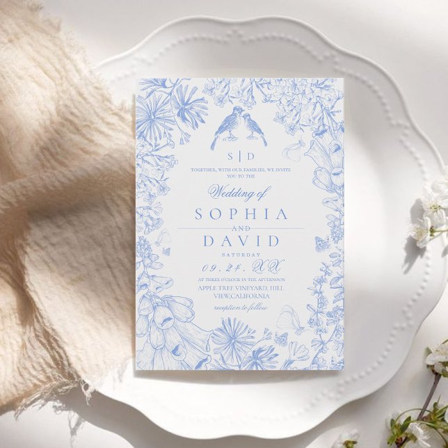Invitation Mariage Floral Bleu Blanc Classique Français (Créateur téléchargé)