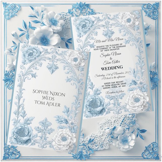 Invitation Mariage Floral Bleu Blanc de Style Campagnard Fran (Vintage French Country Floral Blue White Wedding Invitation)
