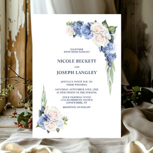 Invitation Mariage floral bleu blanc élégant
