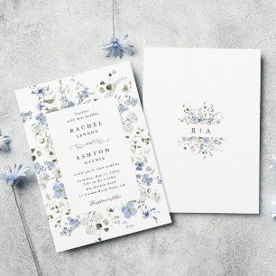 Invitation Mariage Floral Bleu Blanc Vert Élégant