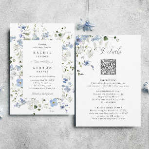 Invitation Mariage floral bleu blanc vert tout en un