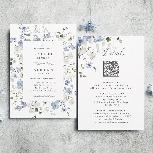 Invitation Mariage floral bleu blanc vert tout en un  (Front & Back)