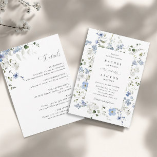 Invitation Mariage floral bleu blanc vert tout en un