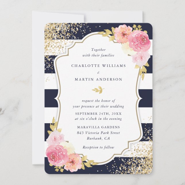 Invitation Mariage floral bleu bleu blanc or bleu rose (Devant)