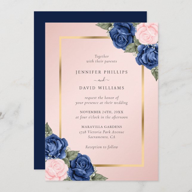 Invitation Mariage floral bleu bleu bleu marine moderne rose  (Devant / Derrière)