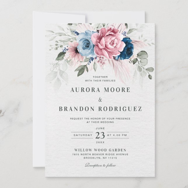 Invitation Mariage floral bleu bleu bleu pastel rose (Devant)