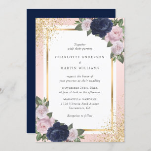 Invitation Mariage floral bleu bleu bleu rose marine