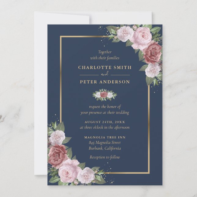 Invitation Mariage floral bleu bleu bleu rose marine (Devant)
