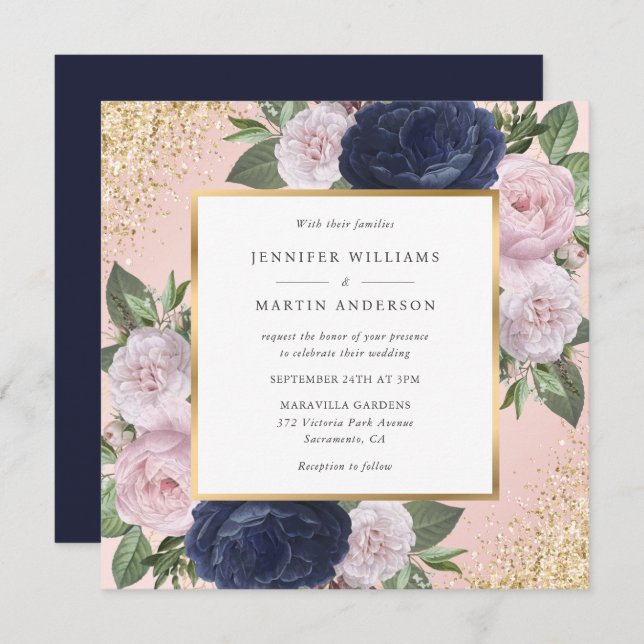 Invitation Mariage floral bleu bleu bleu rose marine (Devant / Derrière)