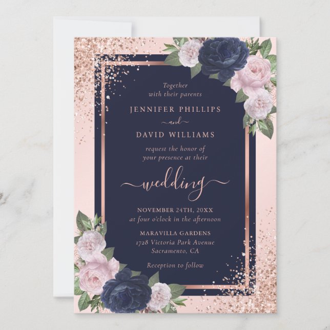 Invitation Mariage floral bleu bleu bleu rose rose marine (Devant)