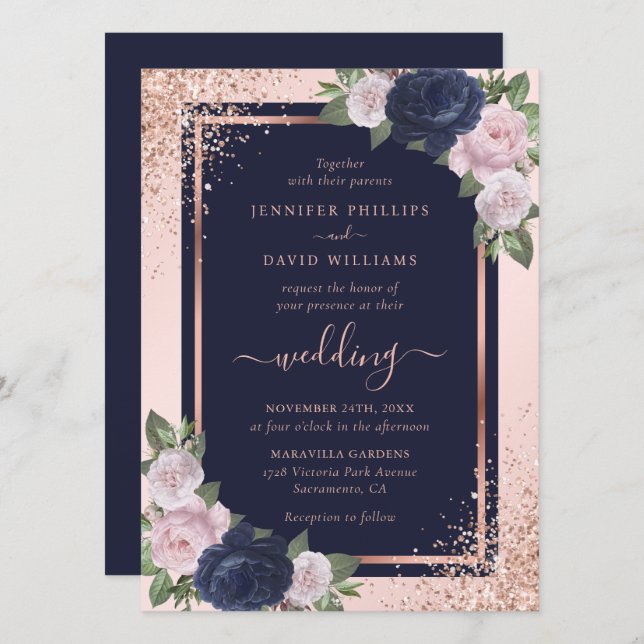 Invitation Mariage floral bleu bleu bleu rose rose marine (Devant / Derrière)