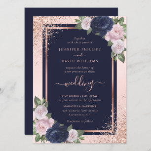 Invitation Mariage floral bleu bleu bleu rose rose marine