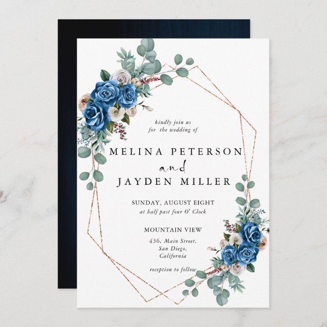Invitation Mariage floral bleu bleu bleu rose roux (Devant / Derrière)