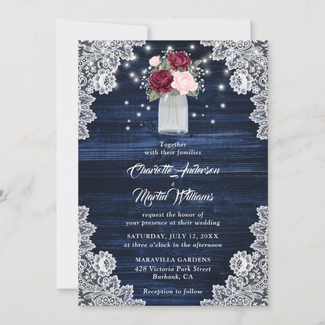 Invitation Mariage floral bleu bleu Bourgogne bleu marine (Devant)