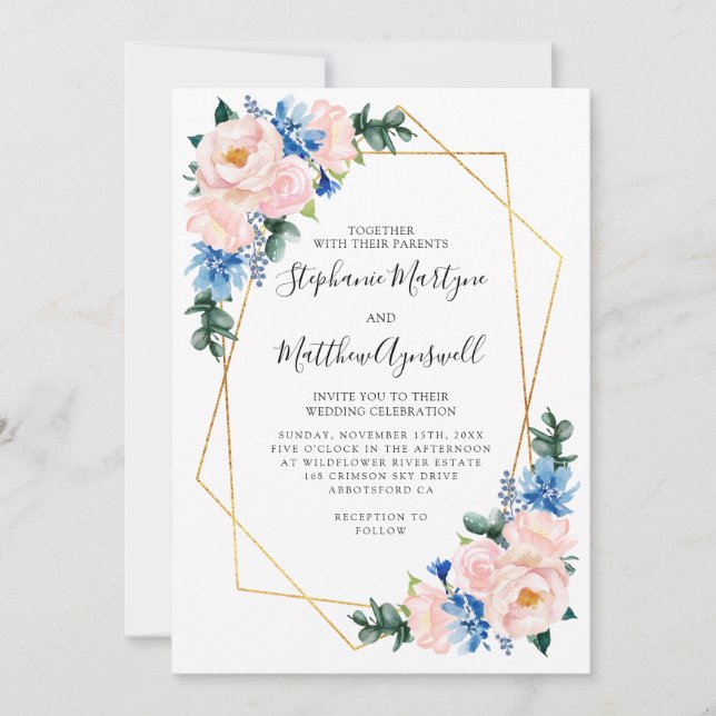 Invitation Mariage floral bleu bleu clair géométrique (Devant)