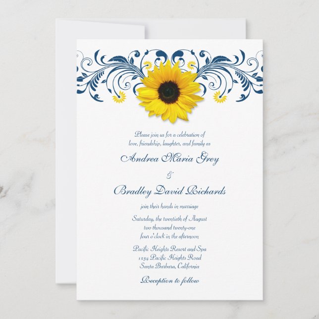 Invitation Mariage floral bleu bleu de la marine de tournesol (Devant)