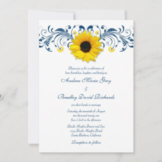 Invitation Mariage floral bleu bleu de la marine de tournesol