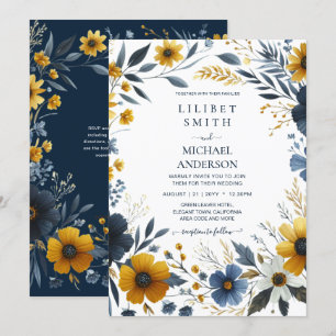 Invitation Mariage Floral bleu bleu jaune de la marine de pre