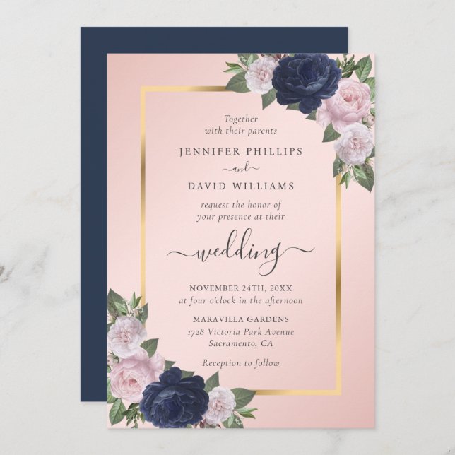 Invitation Mariage floral bleu bleu marine (Devant / Derrière)