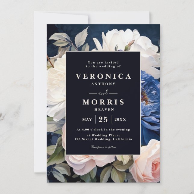 Invitation Mariage floral bleu bleu marine et bleu roux (Devant)