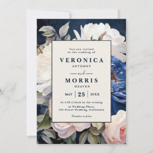 Invitation Mariage floral bleu bleu marine et bleu roux rose 