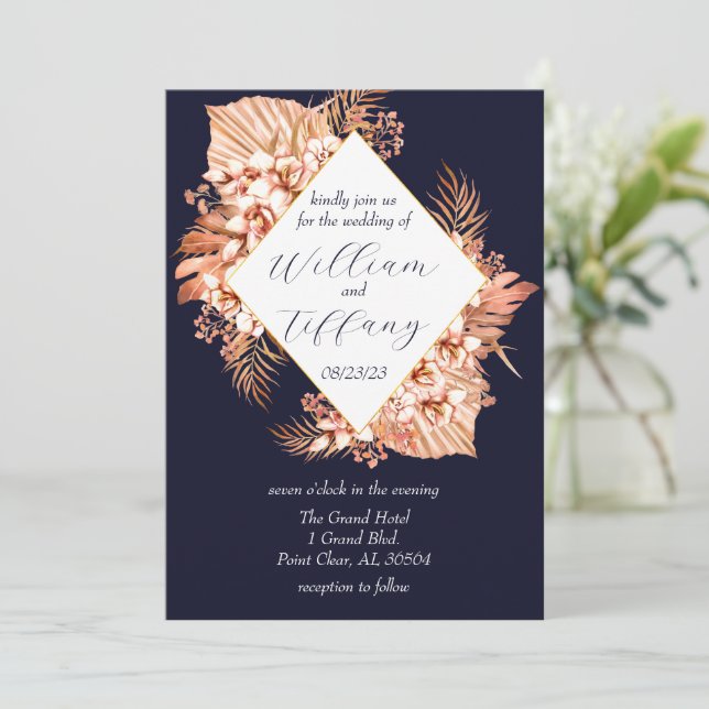 Invitation Mariage Floral bleu Boho (Debout devant)