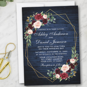 Invitation Mariage Floral Bleu Bois Géométrique Or Frame