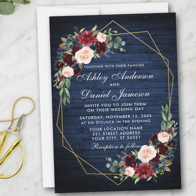 Invitation Mariage Floral Bleu Bois Géométrique Or Frame (Customize to add more text or photos to back of card.)