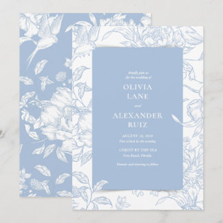 Invitation Mariage Floral Bleu Botanique Oiseau