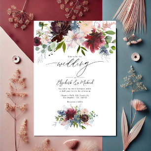 Invitation Mariage floral bleu Bourgogne, Bleu et Dusty