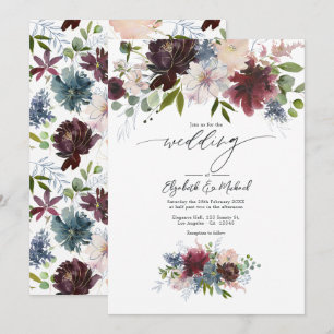 Invitation Mariage floral bleu Bourgogne, Bleu et Dusty