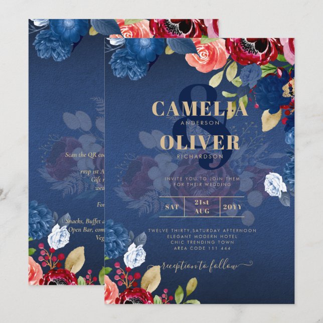 Invitation Mariage Floral bleu Bourgogne rustique (Devant / Derrière)