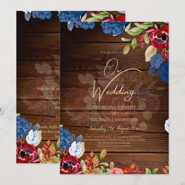 Invitation Mariage Floral bleu Bourgogne rustique (Devant / Derrière)