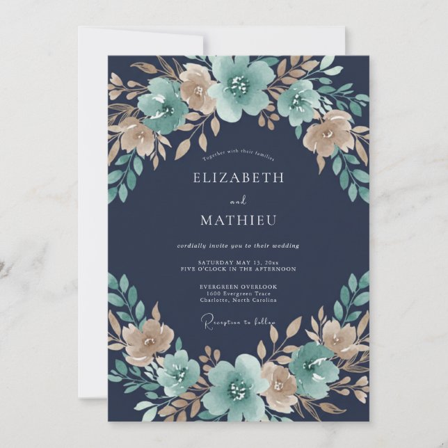 Invitation Mariage Floral Bleu Canard Automnal (Devant)