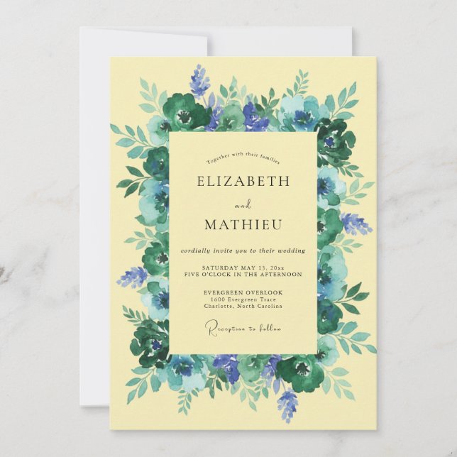 Invitation Mariage Floral Bleu Canard Fantaisie (Devant)